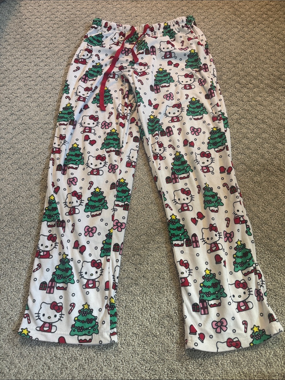 Hello Kitty White Holiday Pajama Pants with Green Trees and Red Accents